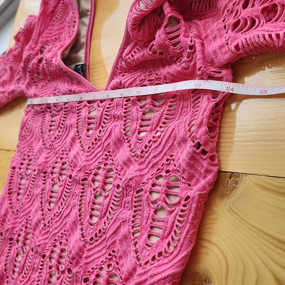 Bebe Lace Overlay Fitted Long Sleeve Dress Pink Cream M L - Picture 12 of 15